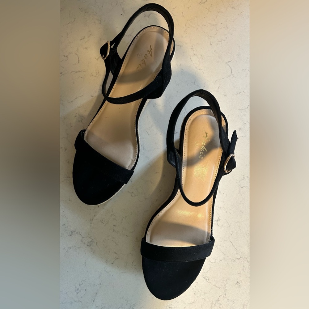 NWOT Platform Wedge Espadrille Black Faux Suede Open Toe Sandals - Picture 10 of 16